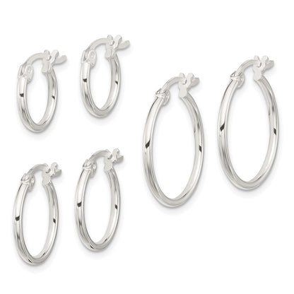 Sterling Silver Rhodium-Plated Polished Set of 3 Hoop Earring Set