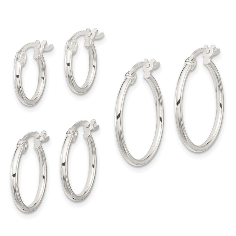 Sterling Silver Rhodium-Plated Polished Set of 3 Hoop Earring Set