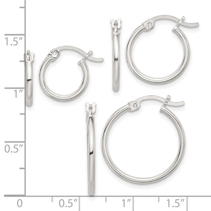 Sterling Silver Rhodium-Plated Polished Set of 3 Hoop Earring Set