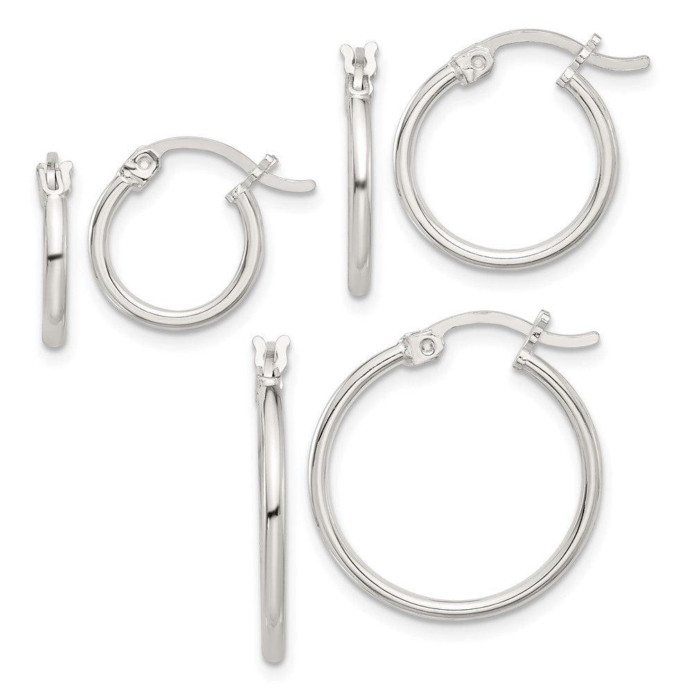 Sterling Silver Rhodium-Plated Polished Set of 3 Hoop Earring Set