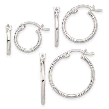 Sterling Silver Rhodium-Plated Polished Set of 3 Hoop Earring Set