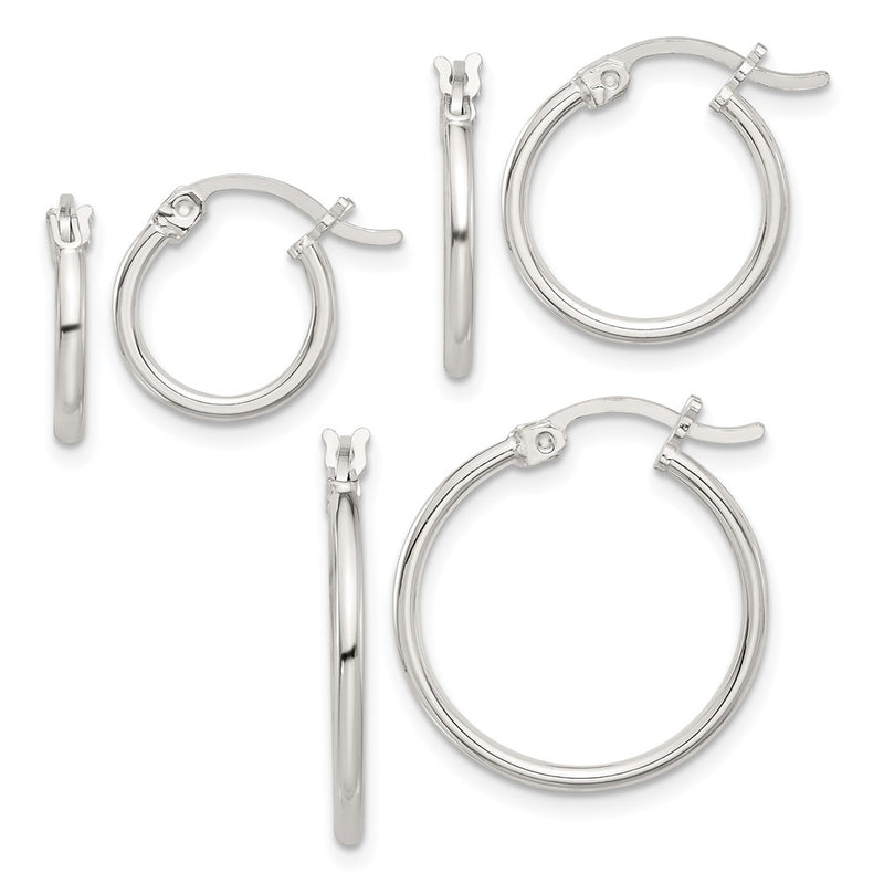 Sterling Silver Rhodium-Plated Polished Set of 3 Hoop Earring Set