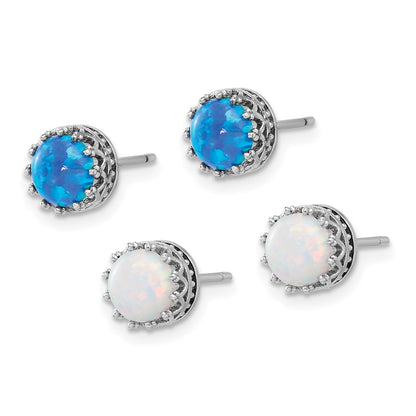 Sterling Silver Rhodium Plated 7mm Cr. Blue Opal / White Opal Post Earring Set