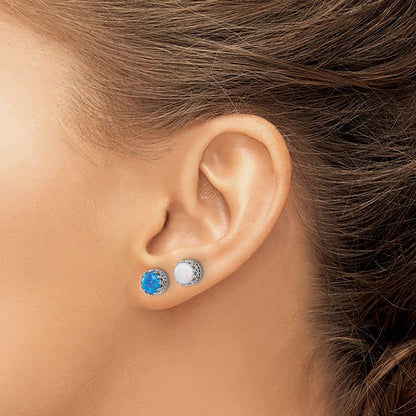 Sterling Silver Rhodium Plated 7mm Cr. Blue Opal / White Opal Post Earring Set