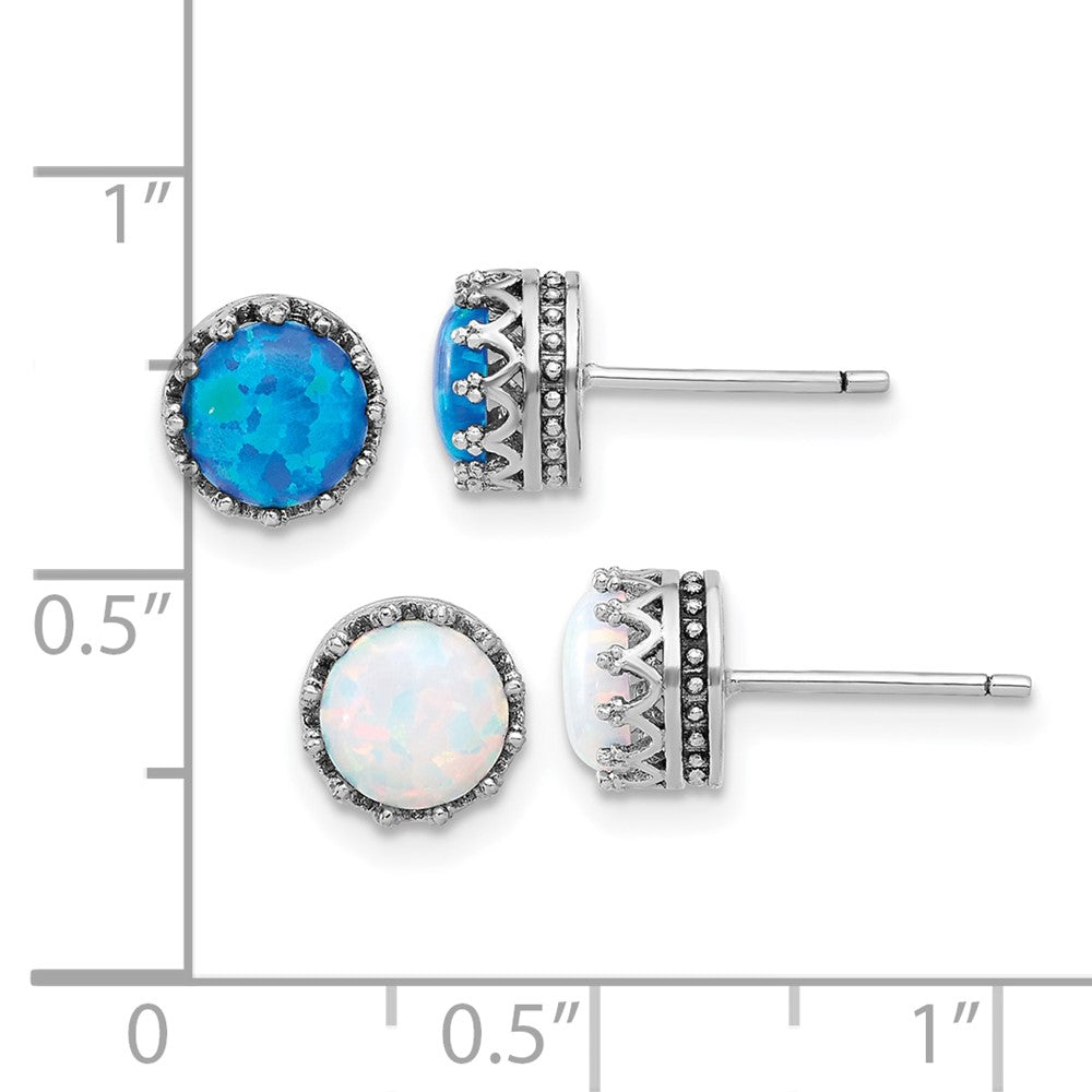 Sterling Silver Rhodium Plated 7mm Cr. Blue Opal / White Opal Post Earring Set