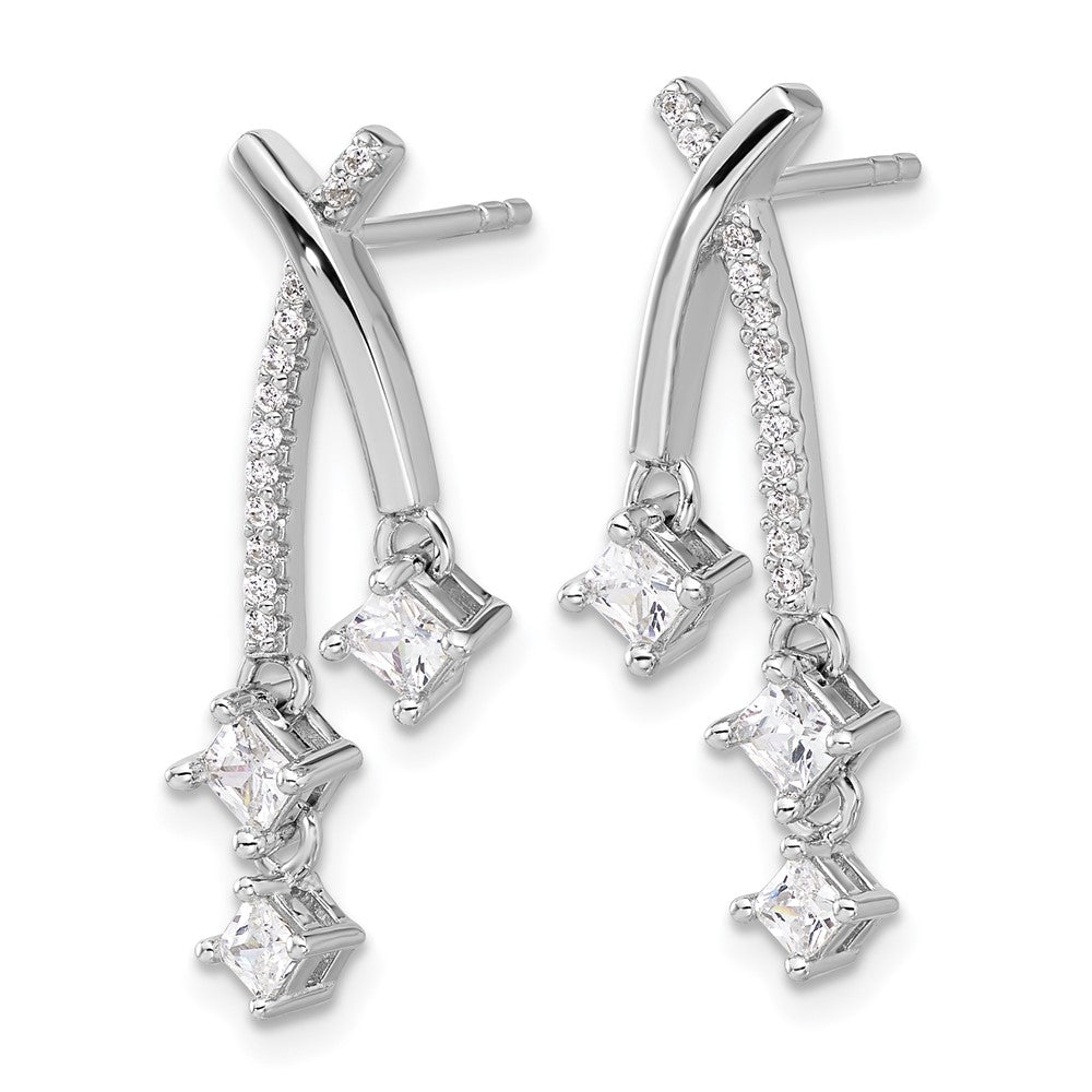 Fire Sterling Silver Rhodium Plated Fancy CZ Dangle Post Earrings