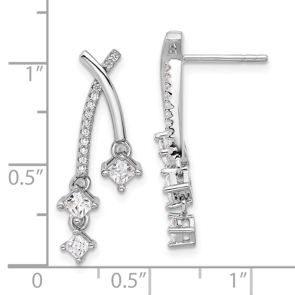 Fire Sterling Silver Rhodium Plated Fancy CZ Dangle Post Earrings