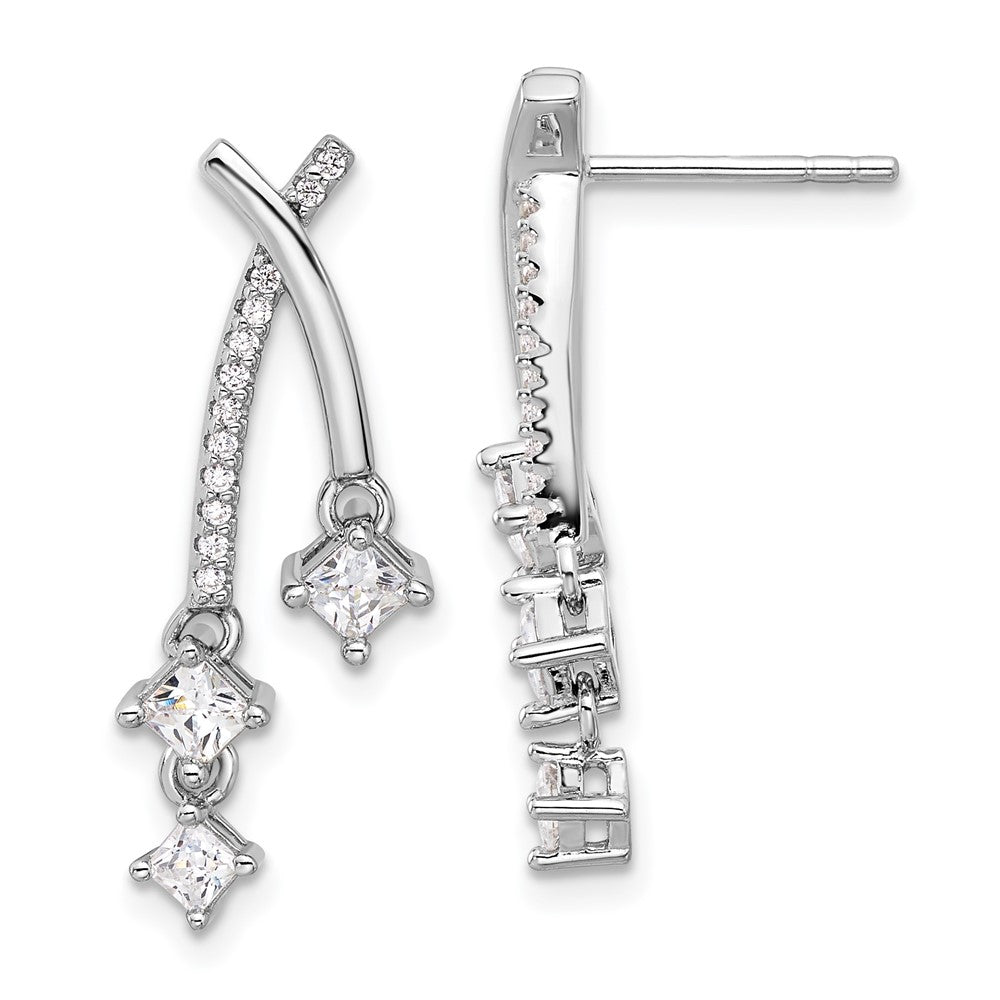 Fire Sterling Silver Rhodium Plated Fancy CZ Dangle Post Earrings