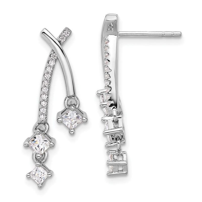 Fire Sterling Silver Rhodium Plated Fancy CZ Dangle Post Earrings