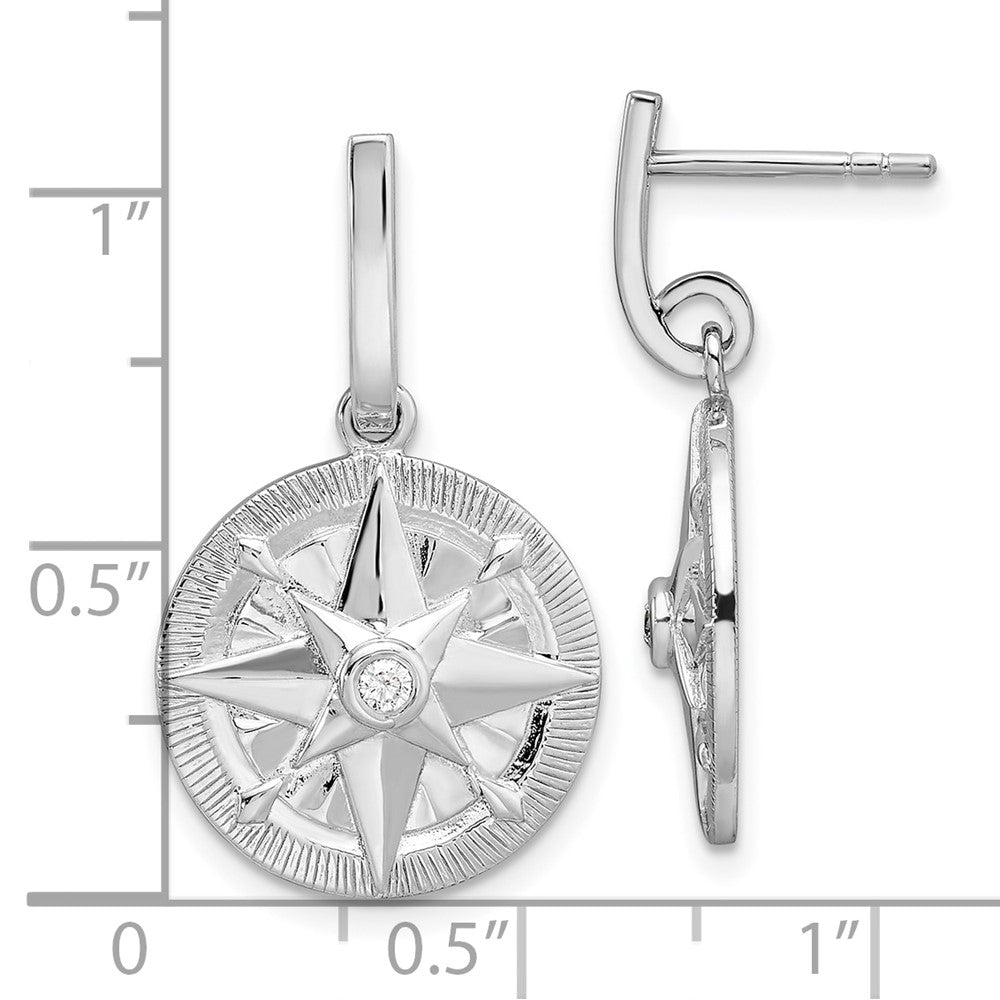 Sterling Silver Rhodium-Plated Polished CZ Compass Dangle Post Earrings