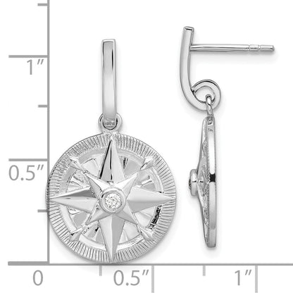 Sterling Silver Rhodium-Plated Polished CZ Compass Dangle Post Earrings