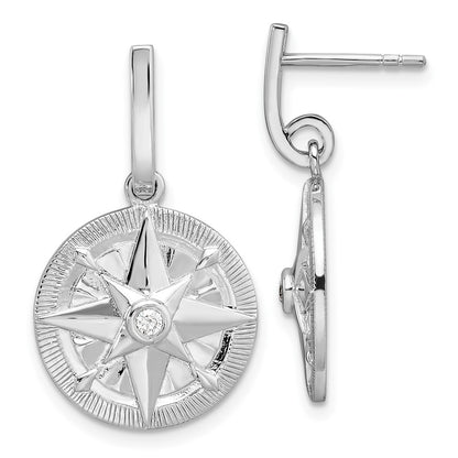 Sterling Silver Rhodium-Plated Polished CZ Compass Dangle Post Earrings