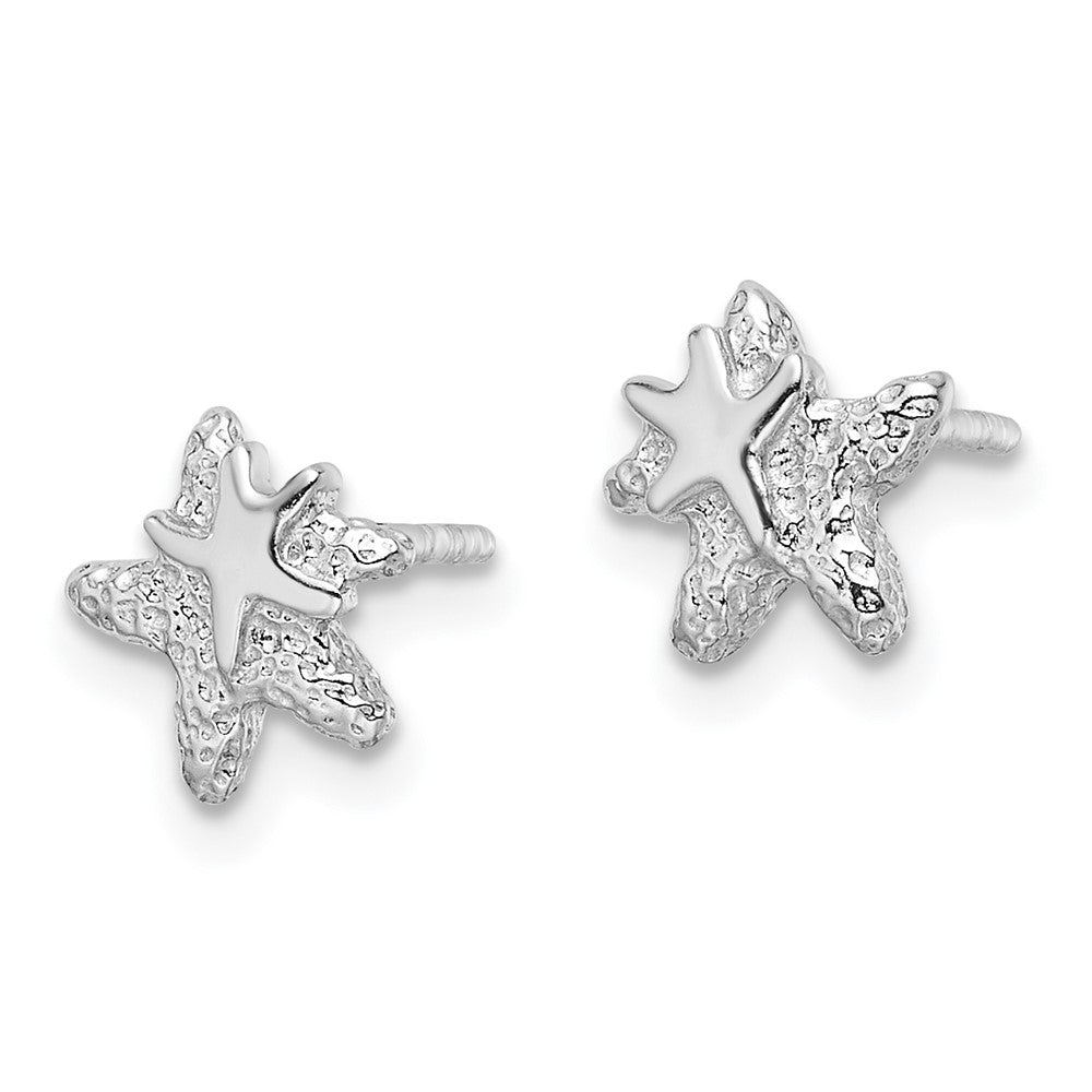 Sterling Silver Rhodium Plated Polished and Textured Starfish Earrings