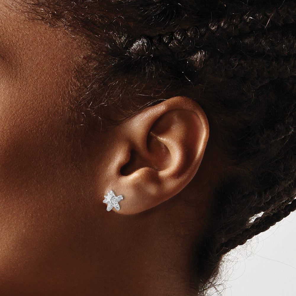 Sterling Silver Rhodium Plated Polished and Textured Starfish Earrings