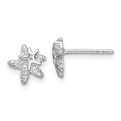 Sterling Silver Rhodium Plated Polished and Textured Starfish Earrings