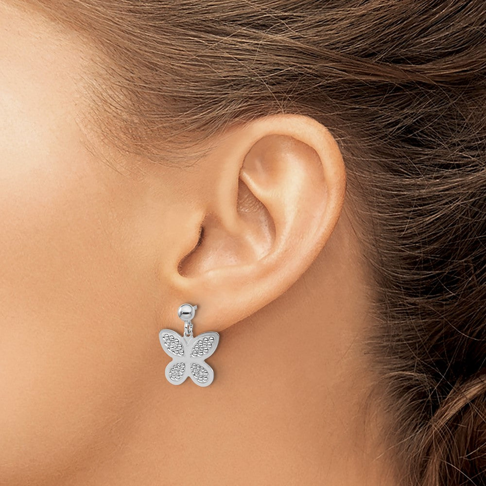 Sterling Silver Rhodium Plated Polished Beaded Butterfly Earrings