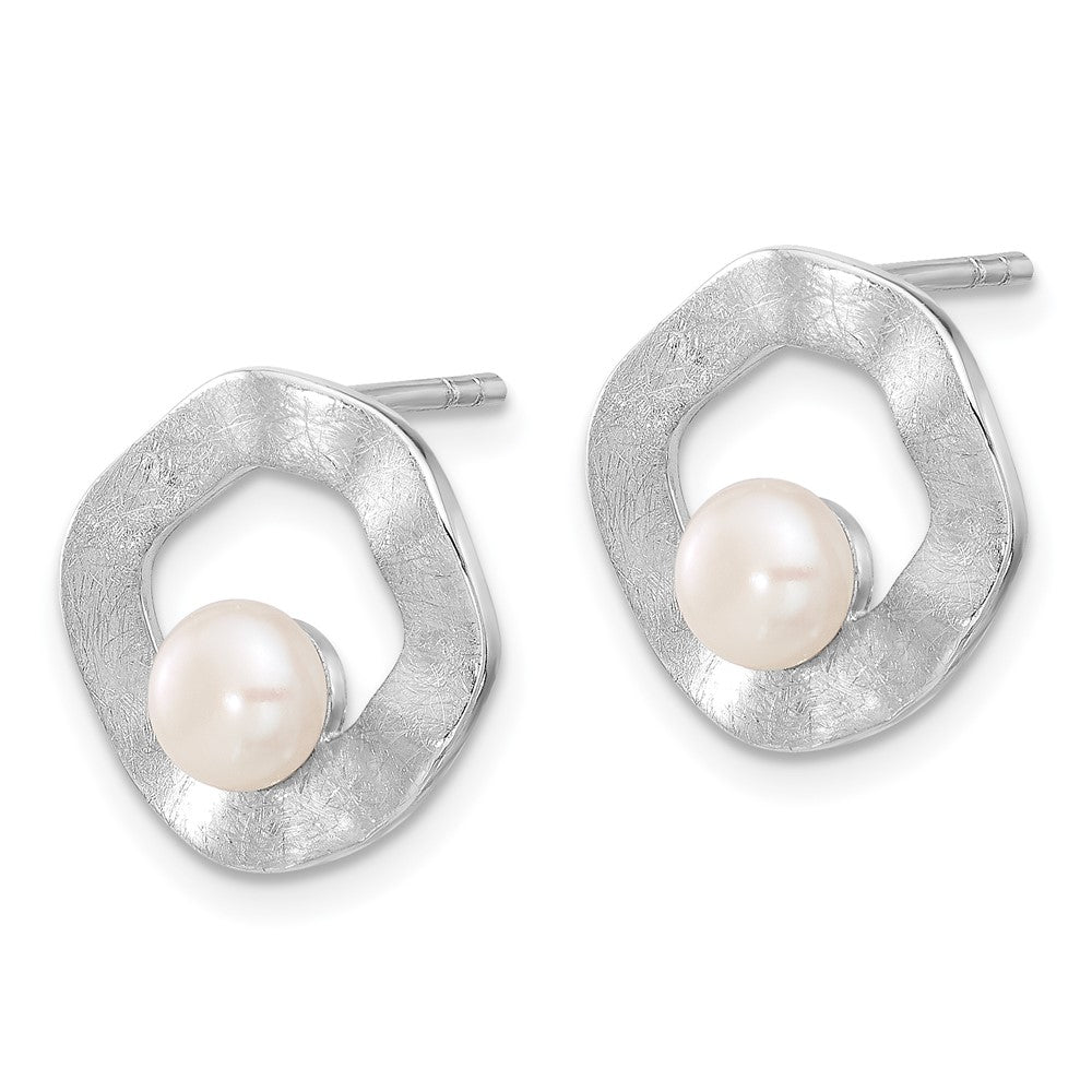 Sterling Silver Rhodium-Plated Fwc Pearl Scratch Finish Post Earrings
