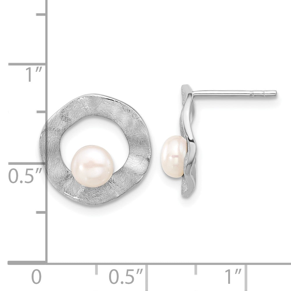 Sterling Silver Rhodium-Plated Fwc Pearl Scratch Finish Post Earrings