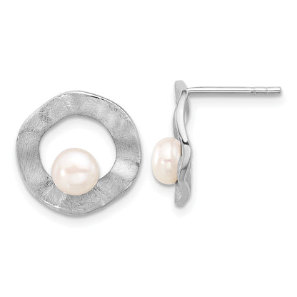 Sterling Silver Rhodium-Plated Fwc Pearl Scratch Finish Post Earrings