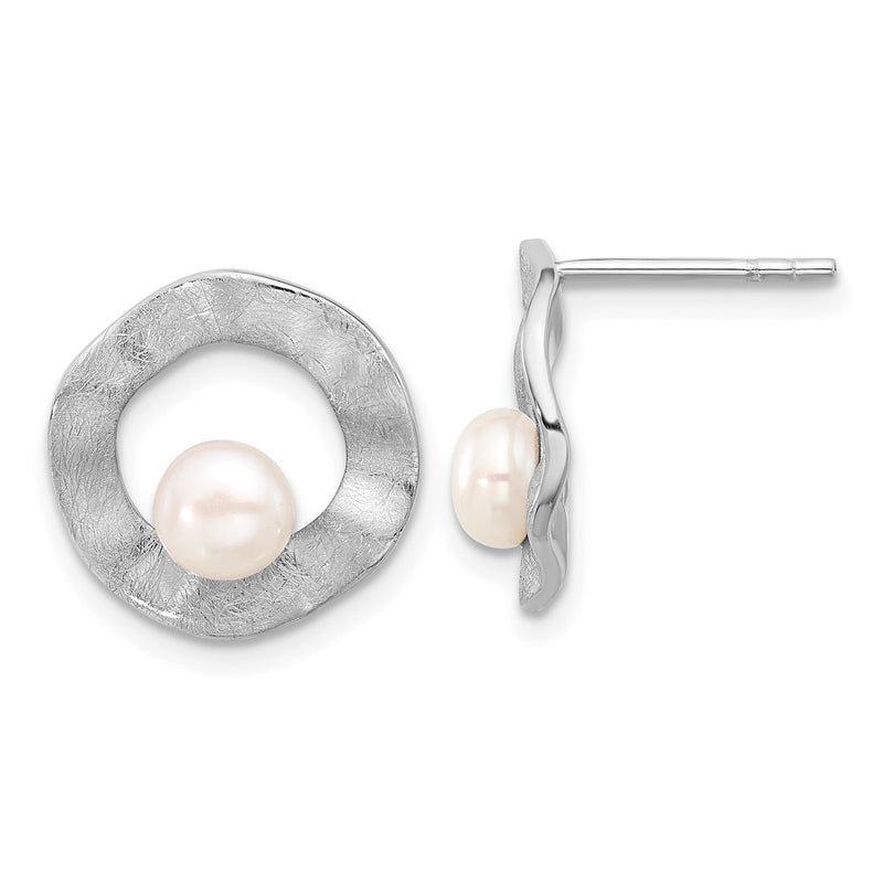 Sterling Silver Rhodium-Plated Fwc Pearl Scratch Finish Post Earrings