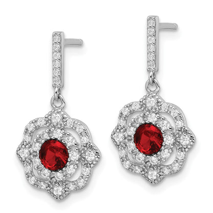 Sterling Silver Rh-Pltd Red Glass and Clear CZ Vintage Dangle Post Earring