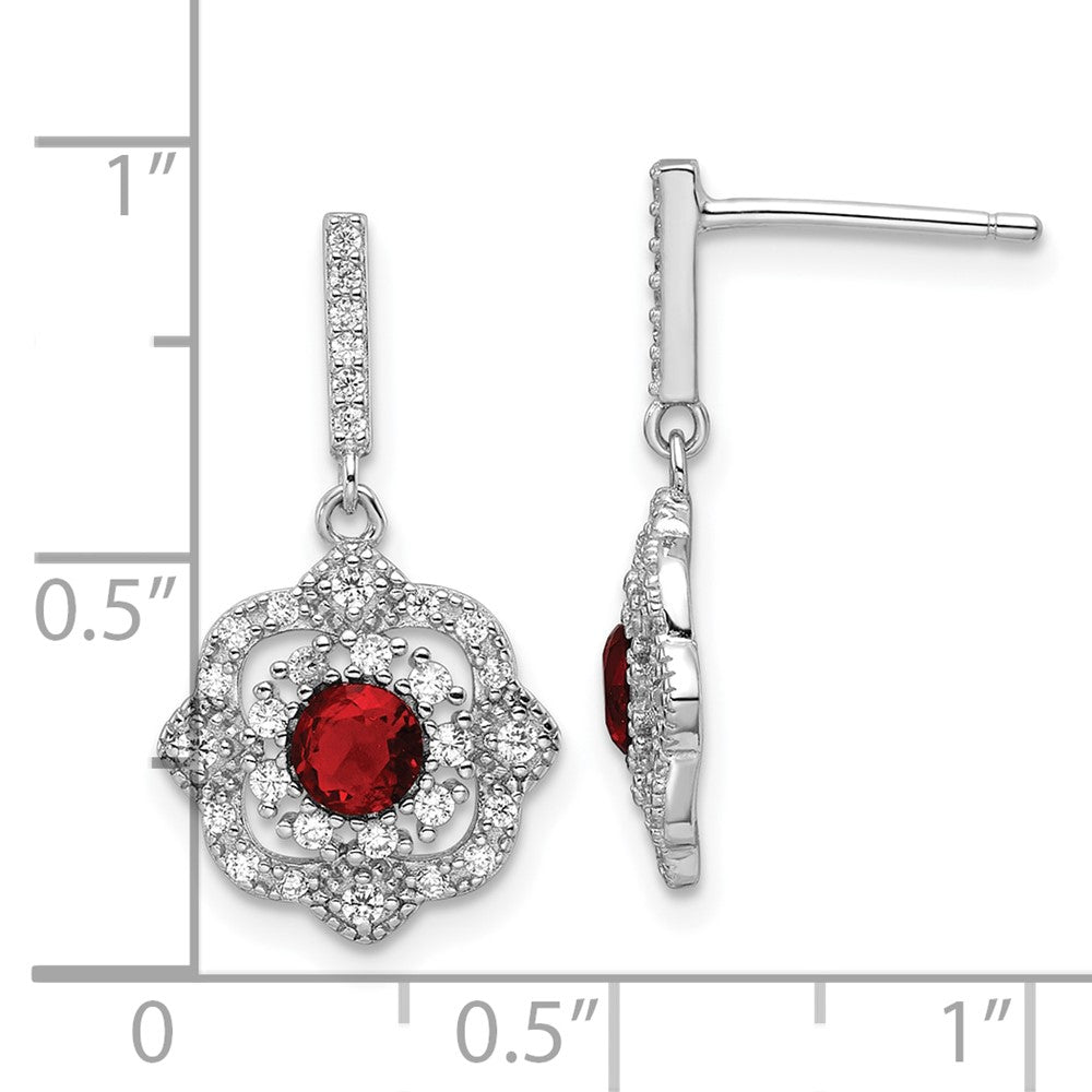 Sterling Silver Rh-Pltd Red Glass and Clear CZ Vintage Dangle Post Earring