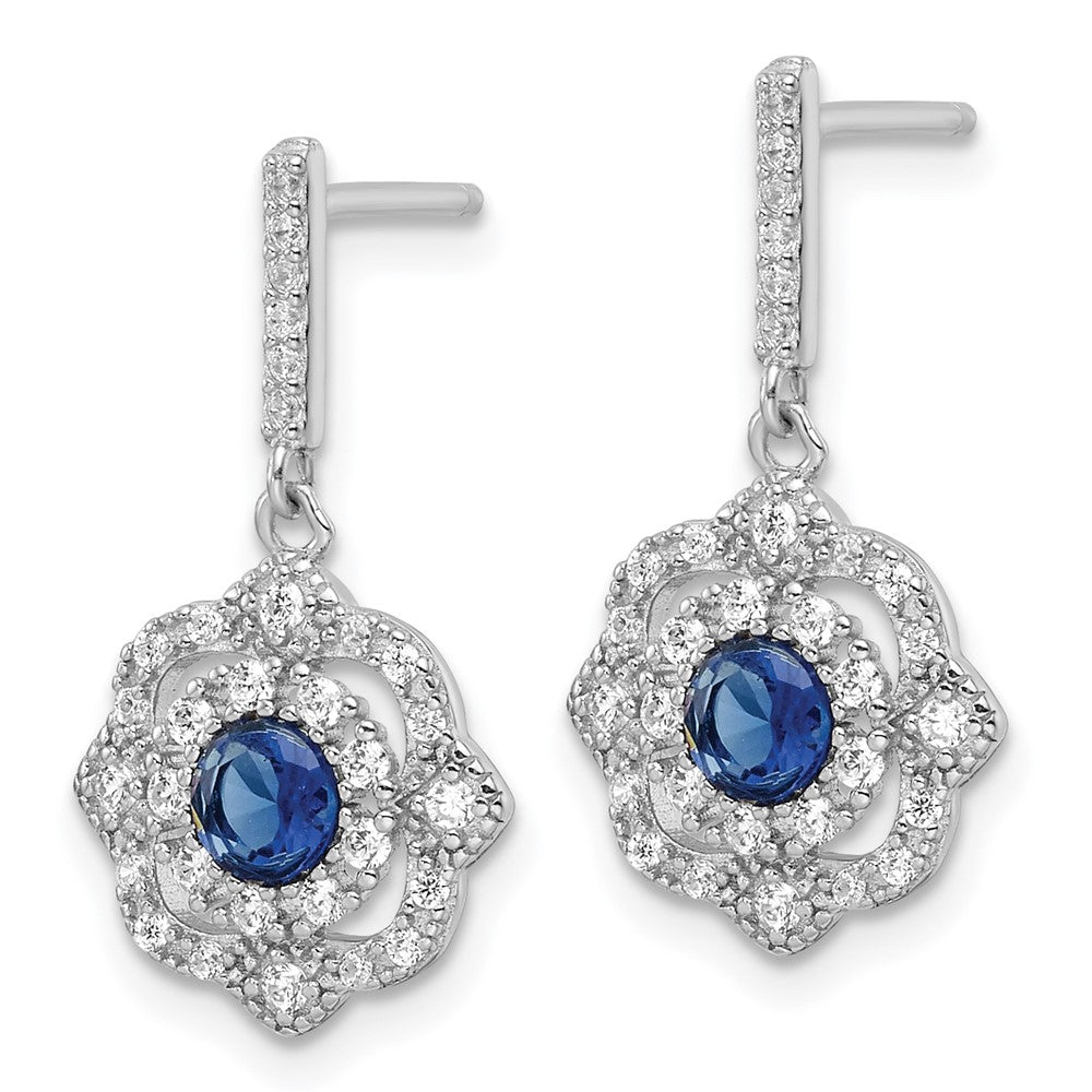 Sterling Silver Rh-Pltd Blue Glass and Clear CZ Vintage Dangle Post Earring