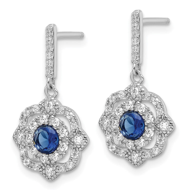 Sterling Silver Rh-Pltd Blue Glass and Clear CZ Vintage Dangle Post Earring