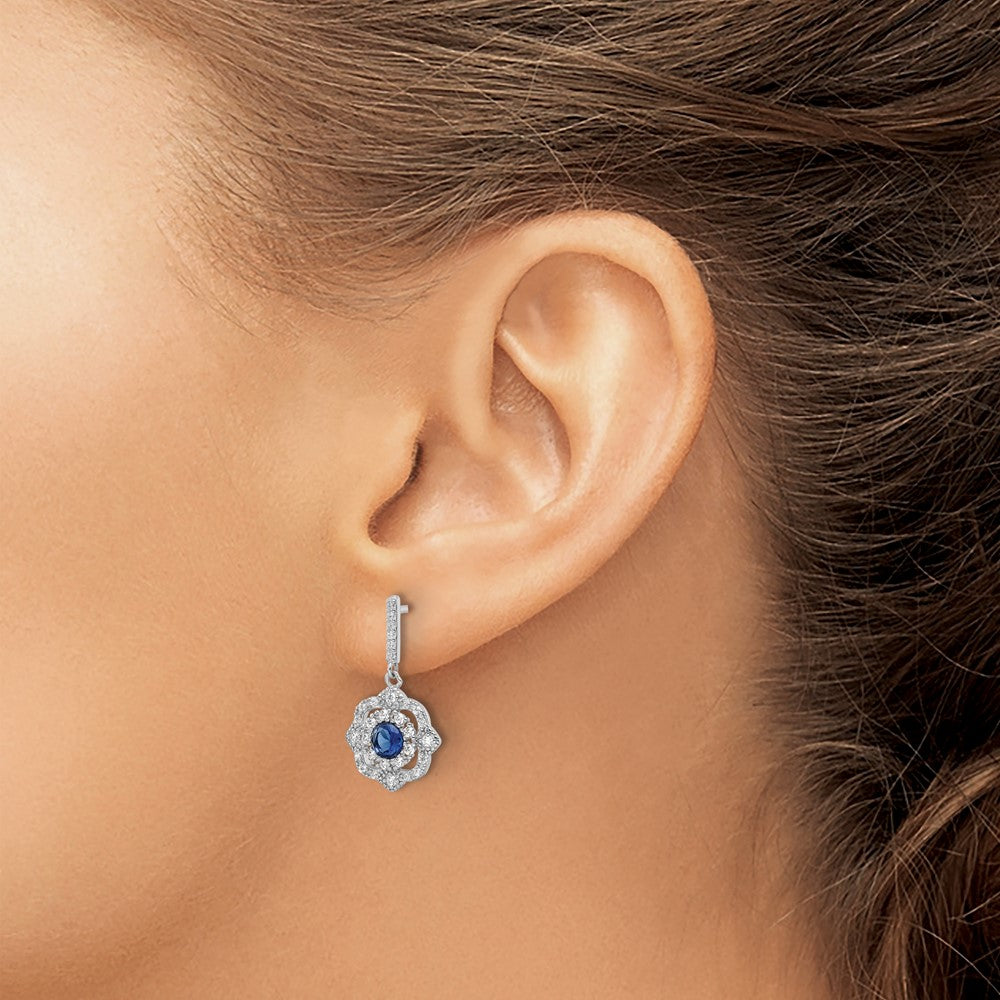 Sterling Silver Rh-Pltd Blue Glass and Clear CZ Vintage Dangle Post Earring