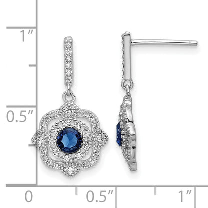 Sterling Silver Rh-Pltd Blue Glass and Clear CZ Vintage Dangle Post Earring