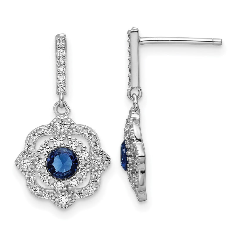 Sterling Silver Rh-Pltd Blue Glass and Clear CZ Vintage Dangle Post Earring