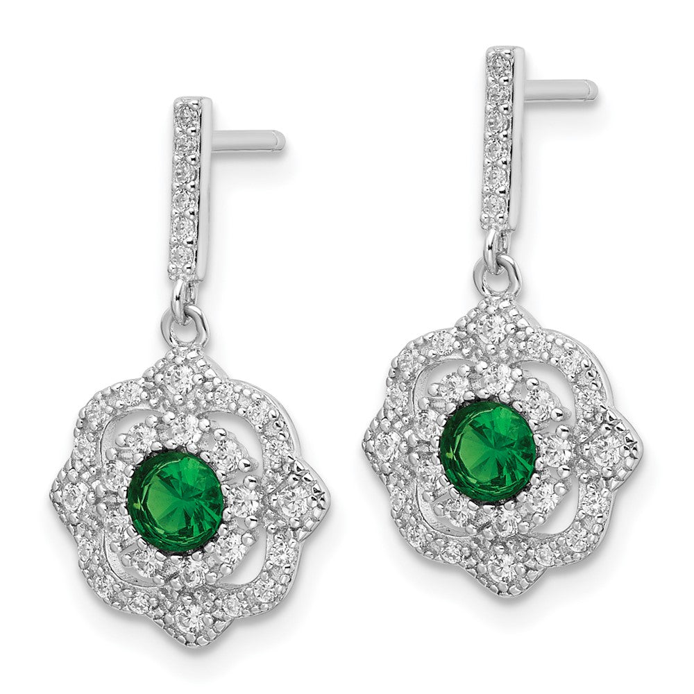 Sterling Silver Rh-Pltd Green Glass and Clear CZ Vintage Dangle Post Earrin