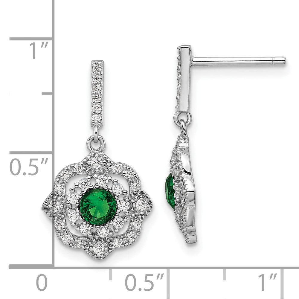 Sterling Silver Rh-Pltd Green Glass and Clear CZ Vintage Dangle Post Earrin