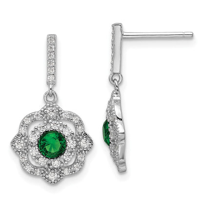 Sterling Silver Rh-Pltd Green Glass and Clear CZ Vintage Dangle Post Earrin