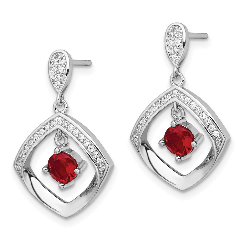 Sterling Silver Rhodium Plated Red Glass and Clear CZ Fancy Square Post Earrings