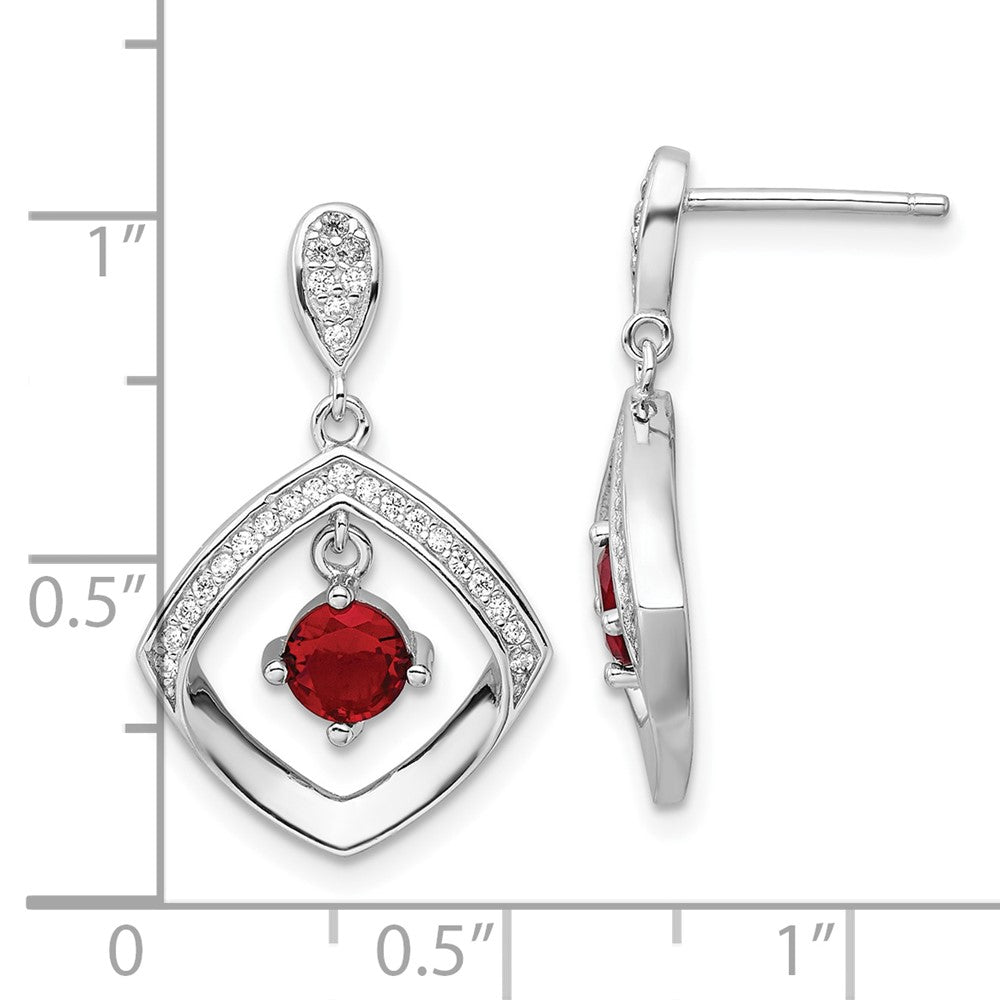 Sterling Silver Rhodium Plated Red Glass and Clear CZ Fancy Square Post Earrings