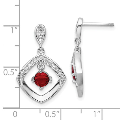 Sterling Silver Rhodium Plated Red Glass and Clear CZ Fancy Square Post Earrings