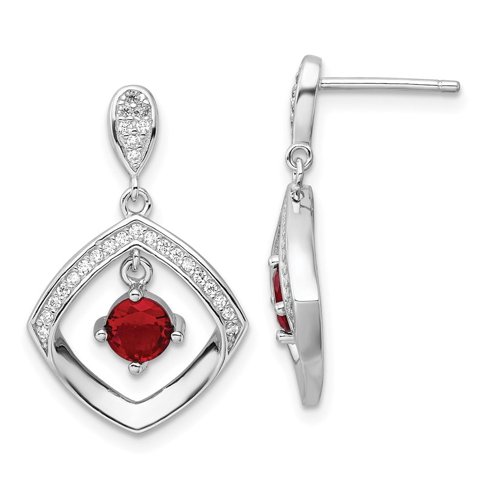 Sterling Silver Rhodium Plated Red Glass and Clear CZ Fancy Square Post Earrings