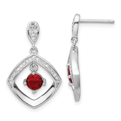 Sterling Silver Rhodium Plated Red Glass and Clear CZ Fancy Square Post Earrings