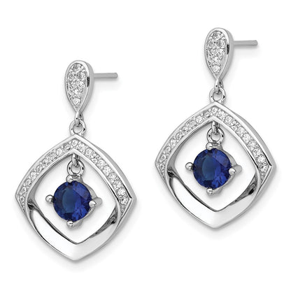 Sterling Silver Rh-Pltd Blue Glass and Clear CZ Fancy Square Post Earrings