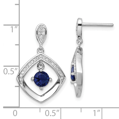 Sterling Silver Rh-Pltd Blue Glass and Clear CZ Fancy Square Post Earrings