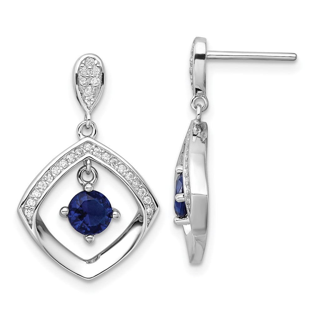 Sterling Silver Rh-Pltd Blue Glass and Clear CZ Fancy Square Post Earrings