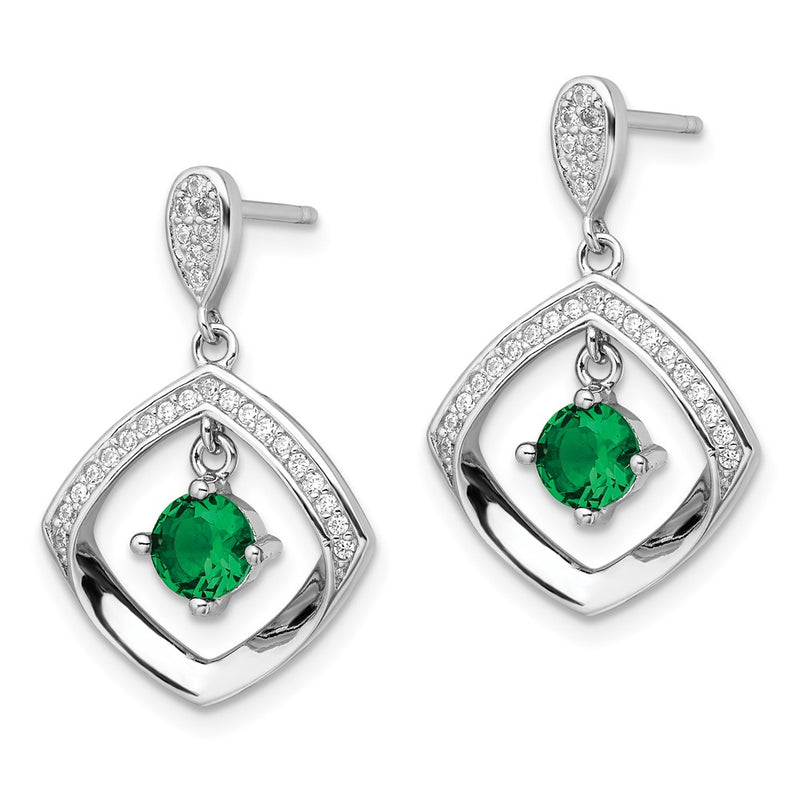 Sterling Silver Rh-Pltd Green Glass and Clear CZ Fancy Square Post Earrings