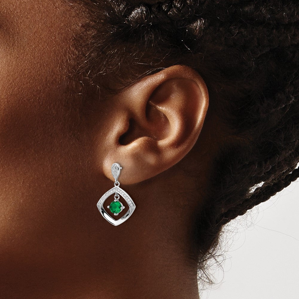 Sterling Silver Rh-Pltd Green Glass and Clear CZ Fancy Square Post Earrings