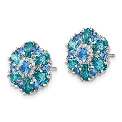 Sterling Silver Rh-Pltd Blue/green Nano Crystal and CZ Floral Post Earrings