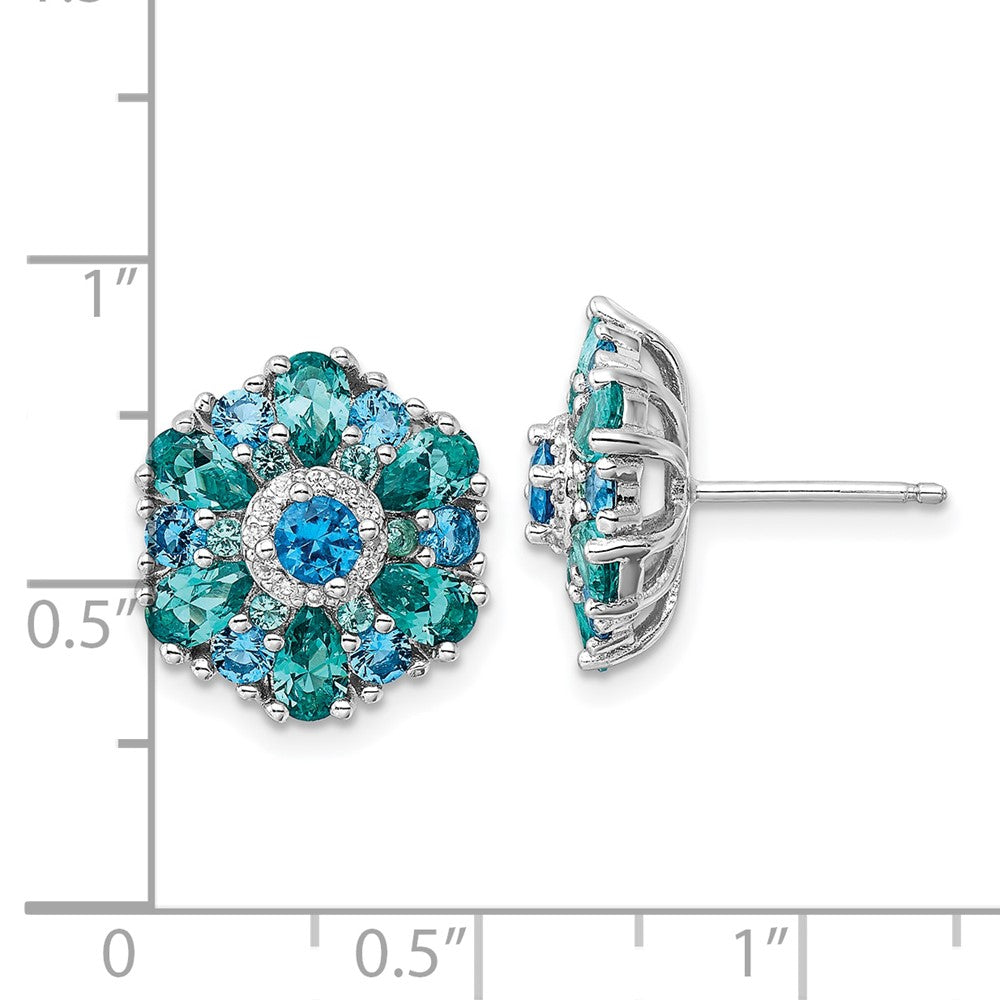 Sterling Silver Rh-Pltd Blue/green Nano Crystal and CZ Floral Post Earrings