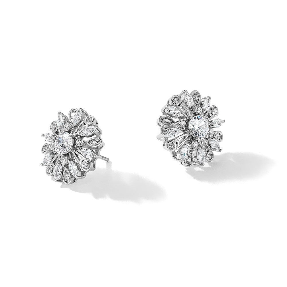 Sterling Silver Rhodium-Plated CZ Floral Post Earrings