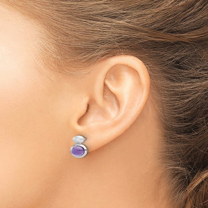 Sterling Silver Rhodium Plated Brushed/polished Amethyst Earrings