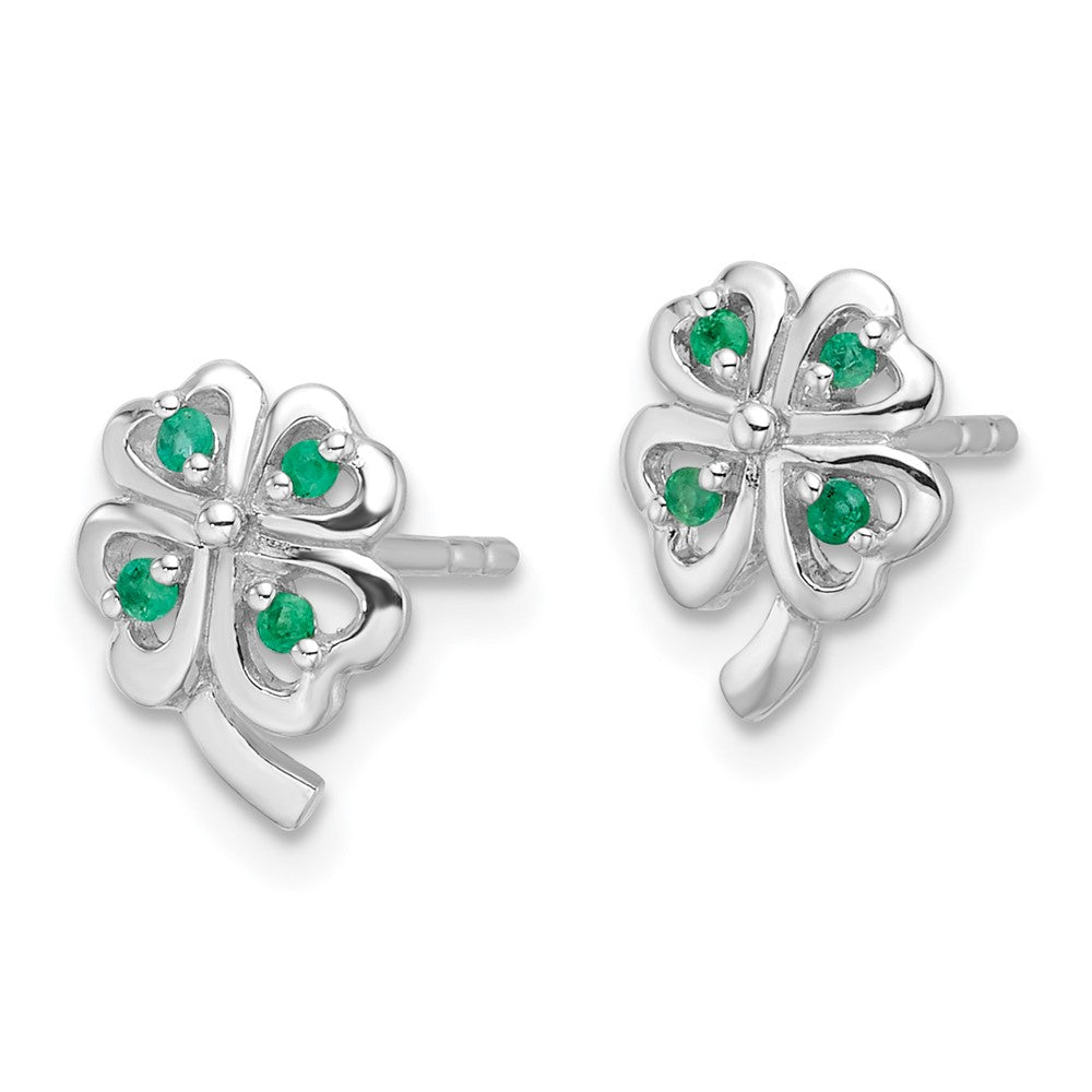 Sterling Silver Rhodium Plated Emerald Four Leaf Clover Post Earrings