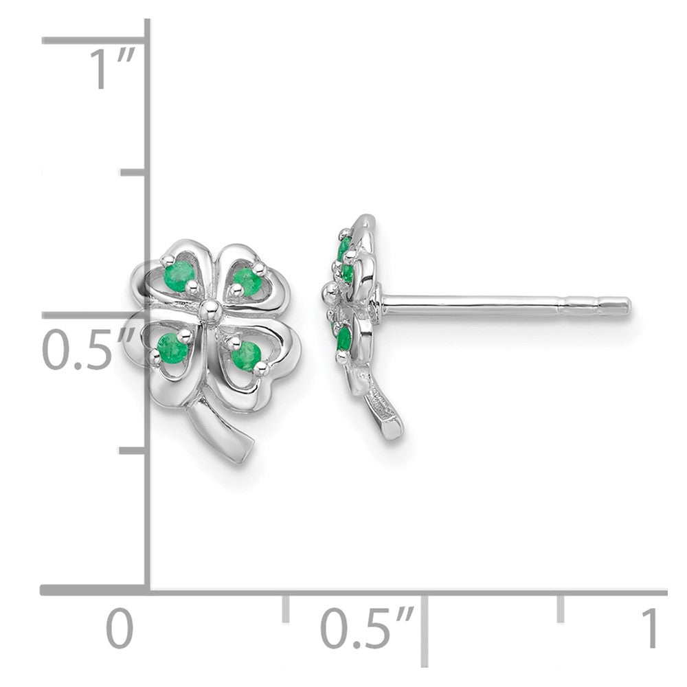 Sterling Silver Rhodium Plated Emerald Four Leaf Clover Post Earrings